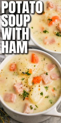 two white bowls filled with ham and potato soup