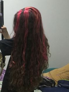 Long Curly Hair With Red Highlights, Brown And Pink Skunk Stripe Hair, Hot Pink Highlights In Brown Hair Curly, Black And Red Chunky Highlights Curly Hair, Curly Draculaura Hair, Blue Streaks Curly Hair, Chunky Pink Highlights Curly Hair, Pink Streaks In Curly Hair, Red Skunk Stripe Hair Curly