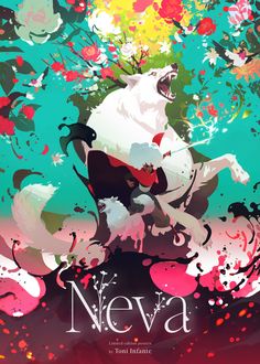 the poster for neva is shown with an image of a unicorn on it's back