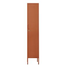 a tall brown locker sitting on top of a white wall