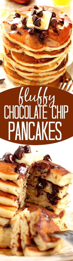 stack of pancakes with chocolate chips on top and text overlay reading be delicious chocolate chip pancakes