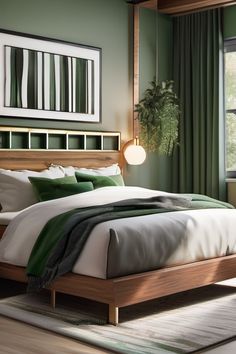 a bed with green and white sheets in a bedroom next to a large window on the wall