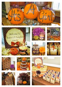 a collage of photos with pumpkins and decorations