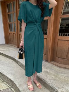 Cotton Solid Bowknot Short Sleeve Maxi Dress Casual Dresses With Knot Detail For Day Out, Casual Spring Dresses With Twist Front, Casual Twist Front Dresses For Spring, Short Sleeve Maxi Dress, Short Sleeve Maxi Dresses, Maxi Dress With Sleeves, Green Fashion, Shoulder Length, Design Element