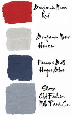 four different shades of blue, red, white and gray paint with the words below them