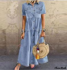 Olivia Mark - Vintage Denim Button-Up Maxi Dress Loose Denim Dress, Jeans Long Skirt, Vestiti In Jeans, Distressed Dress, Denim Dress Summer, Vintage Long Dress, Vintage Shirt Dress, Moda Denim, Button Shirt Dress