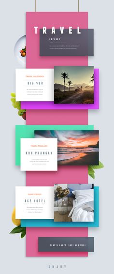 the website design for travel company is shown in three different colors and sizes, including pink,