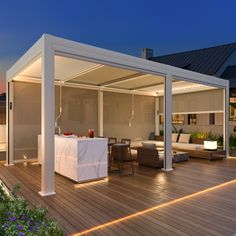 pergola-with-screen 10x20 Pergola, Pergola With Screen, Pergola With Privacy Screen, Pergola With Lights, Pergola With Privacy, Covered Pergola Patio, Pergola Lights, Louvered Panels, Pool Pergola