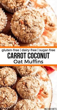 carrot coconut oat muffins on a plate with the title text overlay