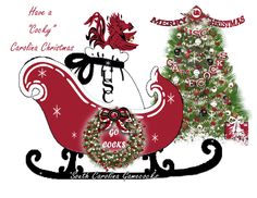 a christmas card with a sleigh and tree