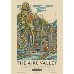 a poster with an image of a city in the middle of it, and text that reads