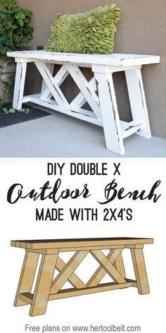 the diy double x outdoor bench made with 2x4's is shown