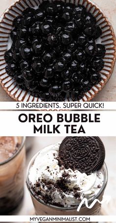 an oreo bubble milkshake with chocolate cookies on top and the words, 5 ingredients