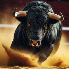 a bull with large horns running through sand