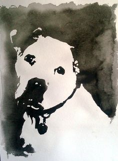 a black and white drawing of a dog's face