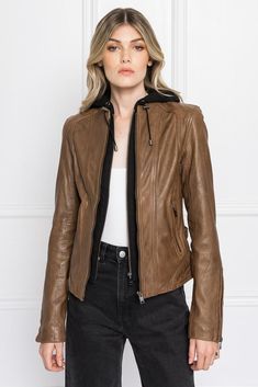 The Arlette biker jacket is the ultimate 2 in 1 casual leather jacket. Classic biker-chic motifs, like zipper pockets and tab details, offer just enough tough-girl edge. A removable hood is a modern and practical upgrade. Contemporary-cool with a touch of attitude, this jacket helps you channel your inner tough girl. Brown Removable inner hood Waist zipper pockets Zipper and adjustable tab details at sleeves Shoulder epaulettes Branded hardware Washed, 100% Lamb Leather Stretch Lining, 97% Polye Brown Leather Biker Jacket, Shoulder Epaulettes, Casual Leather Jacket, Gloves Fashion, Tough Girl, Biker Chic, Professional Fashion, Leather Biker Jacket, Biker Jacket