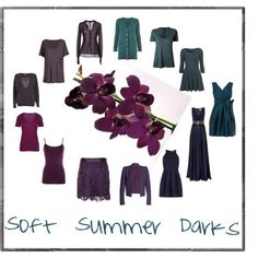 an assortment of different types of clothes and flowers on a white background with the words soft summer darks written below it