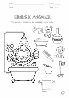 a coloring page with an image of a baby in the bathtub and other items