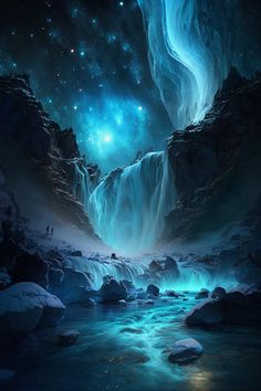 an image of a waterfall in the night sky with stars and moon lights above it