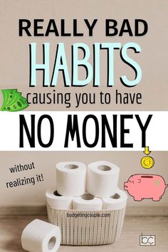 a pile of toilet paper sitting on top of a wooden table next to a basket filled with money