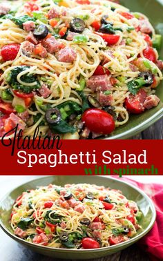 spaghetti salad with tomatoes, zucchini and spinach