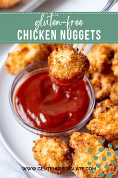 chicken nuggets on a plate with ketchup and dipping sauce in the middle