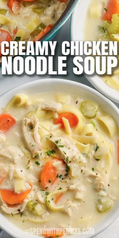 this creamy chicken noodle soup is loaded with carrots, celery and noodles