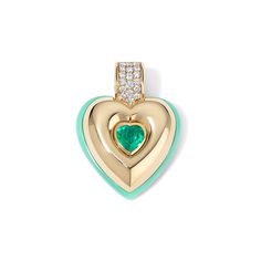 This captivating heart charm is designed to make a bold statement. Featuring a emerald green center stone and layers of gold and mint opal, it promises to be eye-catching and unique. 14K Yellow Gold Emerald weight = 0.87 carats Mint Opal weight = 0.87 carats Diamond weight = 0.42 carats Diamond bail opens Heart pendant = 3.5cm x 3.5mm, 1cm thick Charm can be purchased on its own or on a 16in chain Emerald Heart Charm Jewelry, Green 14k Gold Heart Jewelry, Green Heart-shaped 14k Gold Jewelry, Heart Cut Emerald Jewelry In Yellow Gold, Green Emerald Heart Pendant Jewelry, Heart-shaped Yellow Gold Emerald Jewelry, Heart Shaped Yellow Gold May Birthstone Jewelry, Green Double Heart Jewelry With Heart Charm, Green Double Heart Charm Jewelry