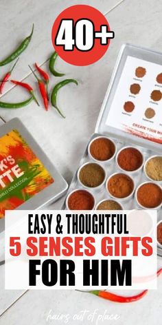 an open box with spices on it and the words easy & thoughtful 5 sense gifts for him