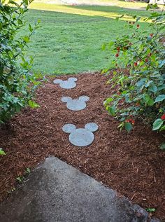 mickey mouse stepping stones in the middle of a garden