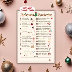 a printable christmas bucket list on a pink background surrounded by holiday decorations and ornaments