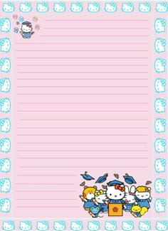 a hello kitty station paper with animals and birds on the border, in blue and pink