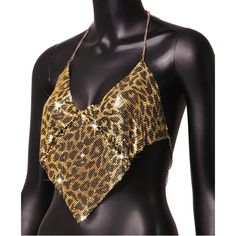 Animal print metal halter top. Metallic Halter Top For Summer Evenings, Glamorous Metallic Halter Top, Glamorous Gold Halter Top For Summer, Sequin Halter Neck Top For Club, Sequined Halter Neck Top For Club, Metallic Summer Tops For Festival, Glamorous Gold Halter Neck Top, Gold Halter Neck Top For Summer, Edgy Halter Top For Summer Parties