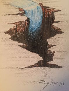 a pencil drawing of a waterfall coming out of the ground