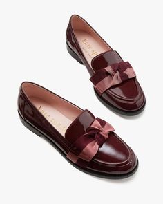 Leandra Loafers | Kate Spade New York Classic Black Loafers, Shoes With Bows, Heels Aesthetic, Designer Loafers, Hand Bags For Women, Women's Loafers, Patent Leather Loafers, Heels Classy, Quiet Luxury