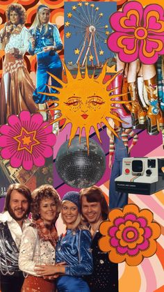 collage of photos with people, flowers and sunbursts in the background