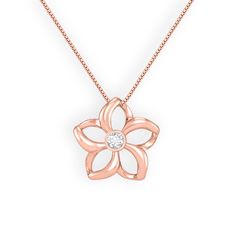 14K Yellow Gold Floating Plumeria Pendant with a 0.03 Carat bezel set Diamond. 17" 14K Yellow Gold Chain included. The Plumeria flower measures approximately 7/16" in width.