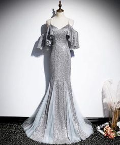 Gray Formal Dress, Sequins Gown, Twirling Dress, Dr Shoes, Spaghetti Strap Prom Dress, Shiny Dresses, Mermaid Sequin, Sequin Evening Dresses, Sequin Prom Dresses