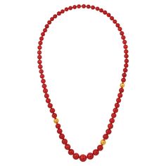 Overall description: Undyed Corsica Island Ox Blood Red Coral Round Bead 24.5" Strand •Contains 72 Natural Coral Beads & 3 18 Karat Gold Accent Beads •Coral Beads range from 7.2 mm - 13.1 mm •Gold Beads are 8.5 mm, 9 mm and 10 mm Weight: 67.80 grams GIA #2221471209 Luxury Red Coral Necklaces With Round Beads, Luxury Red Coral Round Beaded Necklaces, Luxury Red Coral Necklace With Round Beads, Round Red Coral Single Strand Necklace, Luxury Red Coral Round Beaded Necklace, Red Coral Single Strand Round Necklace, Red Coral Round Beads Single Strand, Natural Coral, Coral Necklace