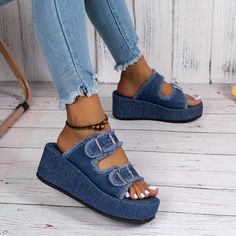 Patterned:Solid colorMaterial:FabricHeel Type:Platform HeelClosure:Slip-onToe Style:Open ToeAll-season:SummerPrinting Type:No PrintingHeel Hight:Mid HeelItem ID:QP26998 Denim Sandals, Mid Heel, Platform Heels, Platform Sandals, Denim Women, Open Toe, Royal Blue, Slip On, Buckle