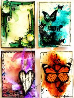 four square paintings with butterflies on them and some words written in the bottom right corner