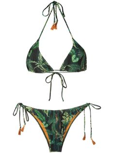 dark green stretch-design UV protection Top: triangle cup leaf print tassel detail removable pads halterneck and rear tie fastening Bottoms: side-tie bottoms full lining Be mindful to try on swimwear over your own garments. Green Tropical Swimwear With Leaf Print, Green Leaf Print Beachwear Swimwear, Green Leaf Print Swimwear For Vacation, Green Tropical Swimwear For Festival, Green Festival Swimwear With Tie-side Bottom, Green Tie-side Bottom Swimwear For Festival, Green Tie-side Swimwear For Festivals, Tropical Green Tie-side Swimwear Bottom, Green Tropical Tie-side Swimwear