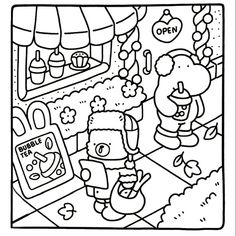 an image of a coloring page with cartoon characters in the background and text that reads hello kitty