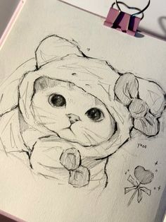 a drawing of a cat wearing a hoodie and holding a bow on it's head