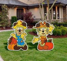 two cartoon characters are standing in front of a house