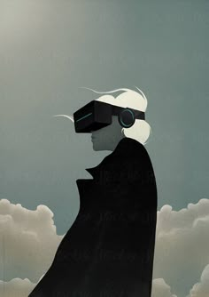 a man in a black cape and blindfolded head is looking at the sky