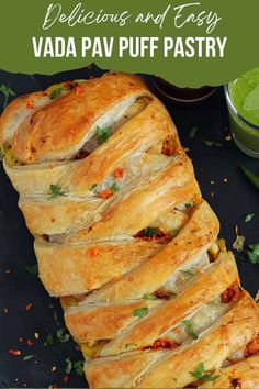 an image of a pastry with text overlay that reads delicious and easy vada pav puff pastry