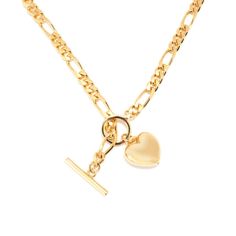 Featuring your choice of dangling charm, this Toscana Italiana toggle necklace will look simply gorgeous on your neckline! Choose from sun, padlock, Murano bead, genuine 100 lire mini coin or puffed heart. It's crafted in 18K yellow gold plated bronze with polished and diamond-cut finishes. The 20" Figaro chain easily secures with a toggle clasp. Pair with matching earrings 207-030 to create a stunning coordinated style. Metal Necklaces With Heart Pendant And Toggle Clasp, Elegant Heart Pendant Toggle Necklace, Gold Charm Necklaces With Toggle Clasp, Figaro Chain Toggle Necklace As Gift, Gold Metal Toggle Necklace With Heart Charm, Gold-tone Toggle Necklace, Toggle Necklace, Puffed Heart, Figaro Chain