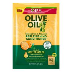 Reenergize and repair dry and damaged hair with ORS Olive Oil Replenishing Conditioner Packette. This adult hair-revitalizing conditioner detangles and helps restore essential moisture to hair leaving locks soft, easy to detangle and more manageable. Key ingredients of Olive Oil and Sweet Orange Oil combine to provide a vital source of nourishment for hair. Free from parabens and sulfates, Olive Oil Replenishing Conditioner can be used on all hair textures, including natural and relaxed. Pro Tip Olive Oil Hair Mask, Olive Oil Hair, Shampoo Brands, Healthier Hair, Hydrate Hair, Brittle Hair, Damaged Hair Repair, Olive Fruit, Orange Oil