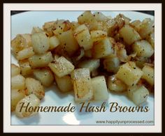 homemade hash browns on a white plate with the words homemade hash browns written in black